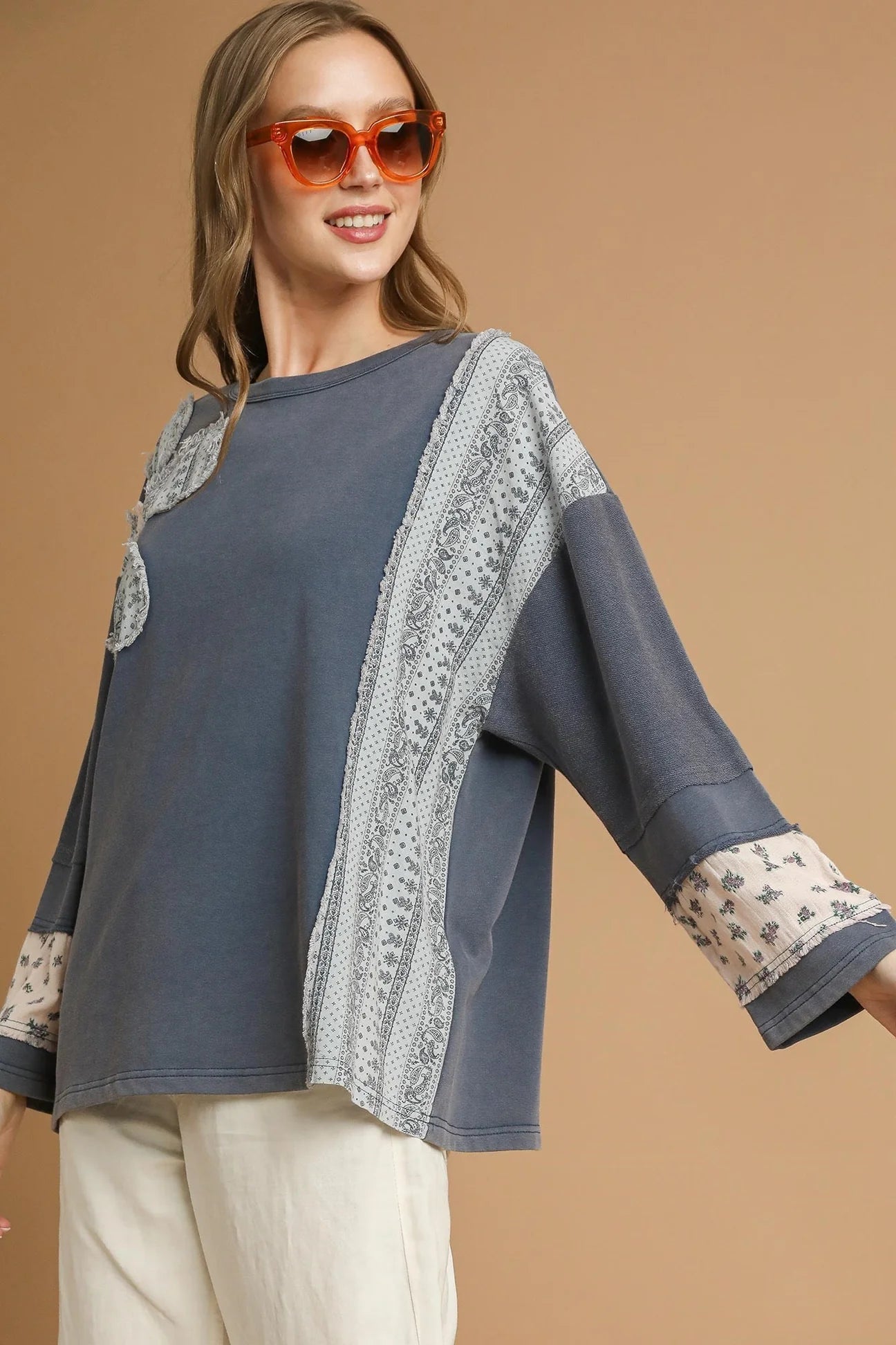 Umgee terry knit patch sweatshirt tops