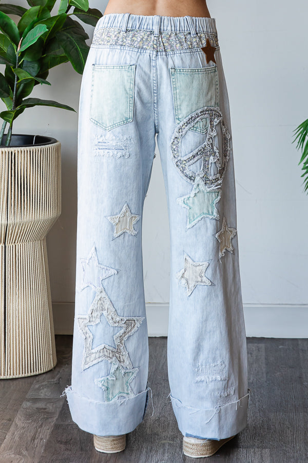 Oli and Hali peace + stars patchwork cuff jeans