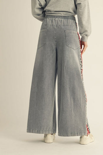 Jodifl Denim Wide Leg Pants with Leopard Side Stripes in Red/Denim