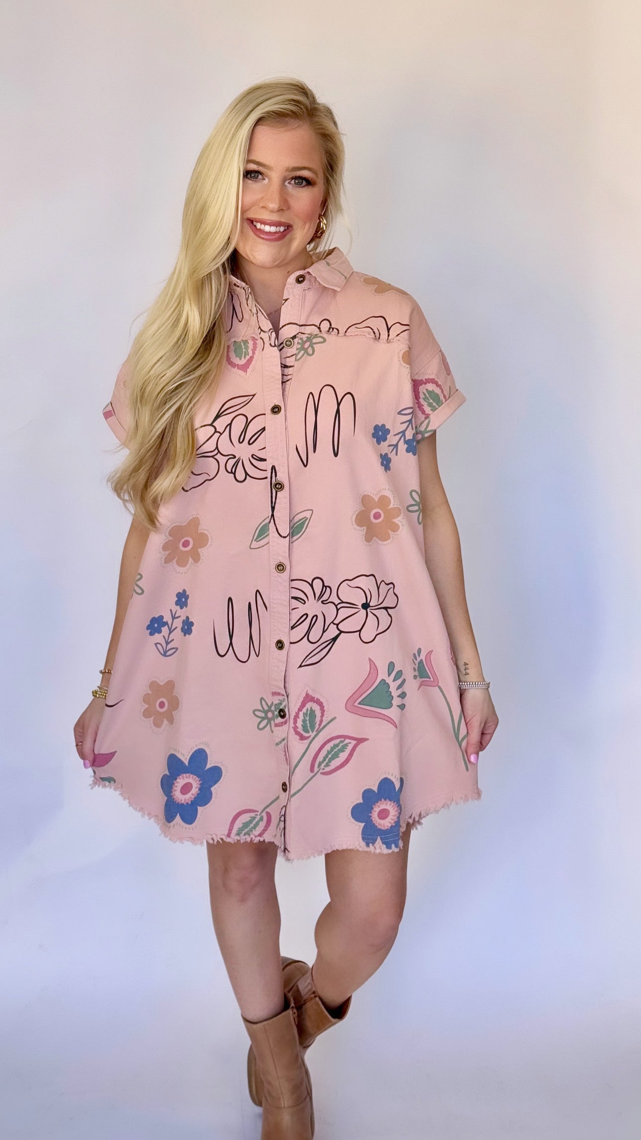 Easel printed button down dress blush