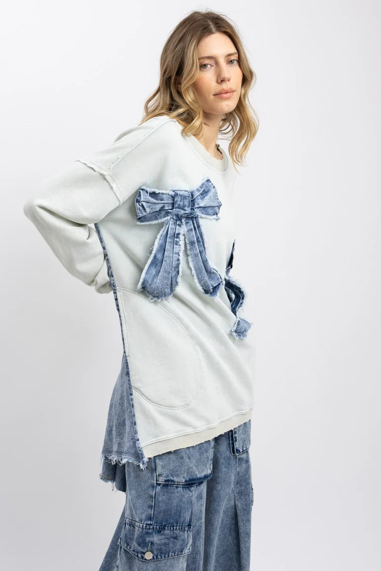BlueVelvet OVERSIZED Mixed Media Top with denim Ribbon Bow Patches