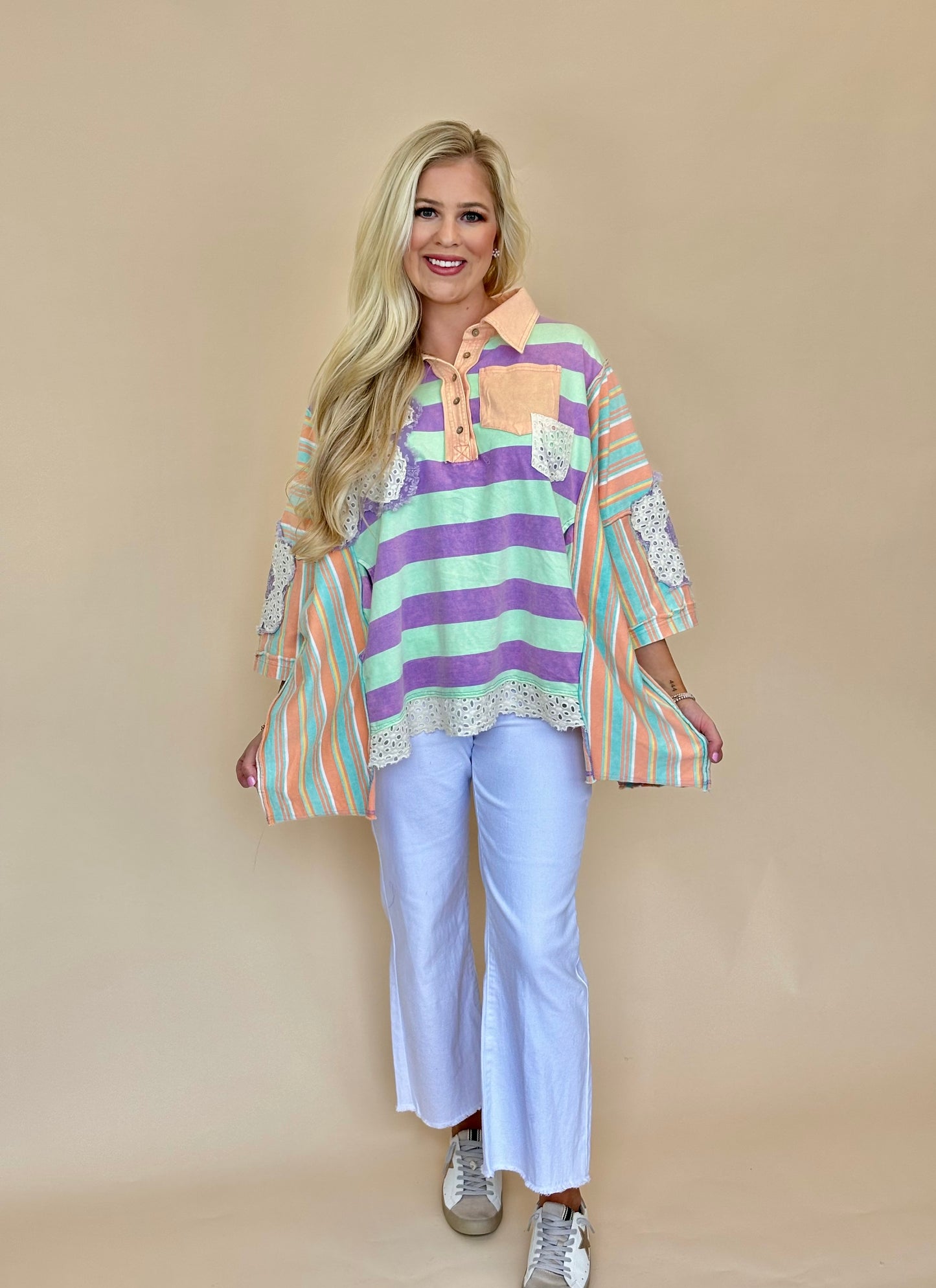 Oli and Hali flower patchwork top Mint/Orange