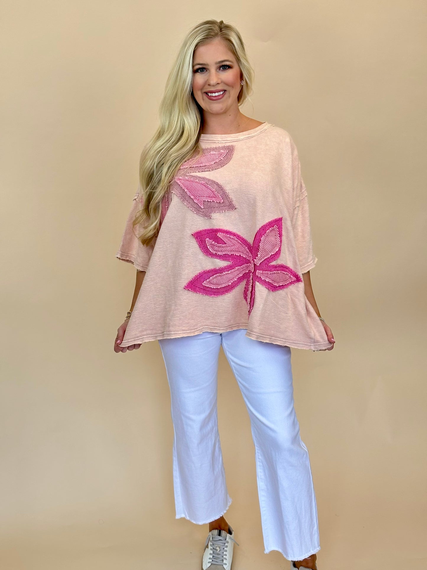 Oli and Hali blush washed flower patch terry top