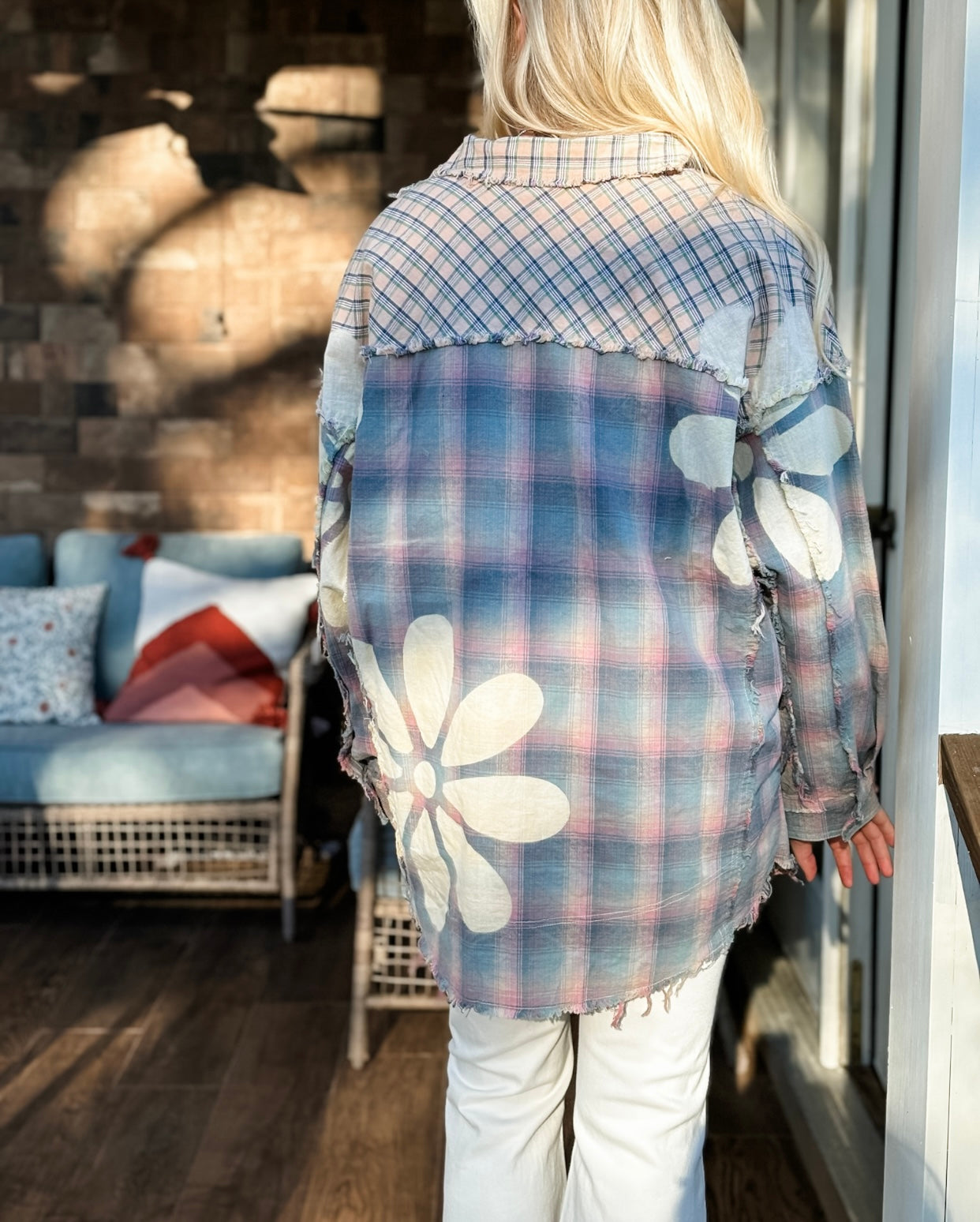 Blue velvet Washed multi fabric daisy button down