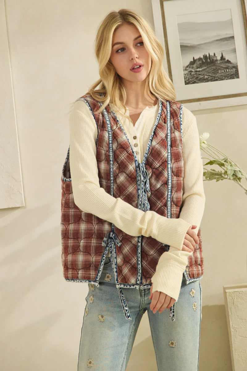 Oli and Hali quilted vest with denim ties