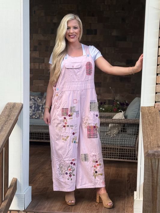 Blue velvet multi print patch overalls