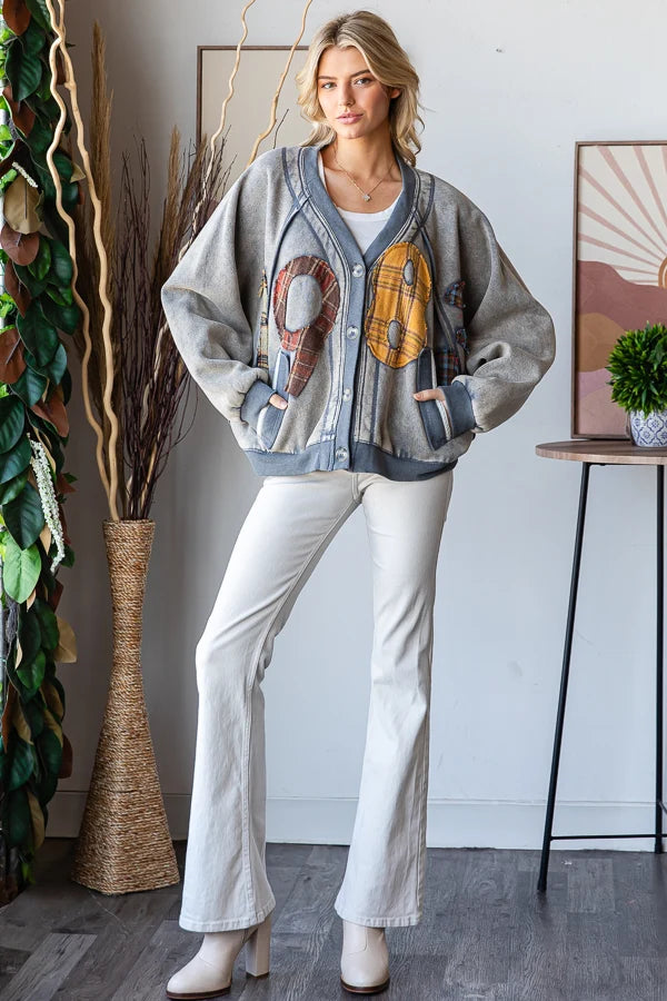 OLI AND HALI WASHED PACTHWORK BUTTON DOWN POCKETS CARDIGAN