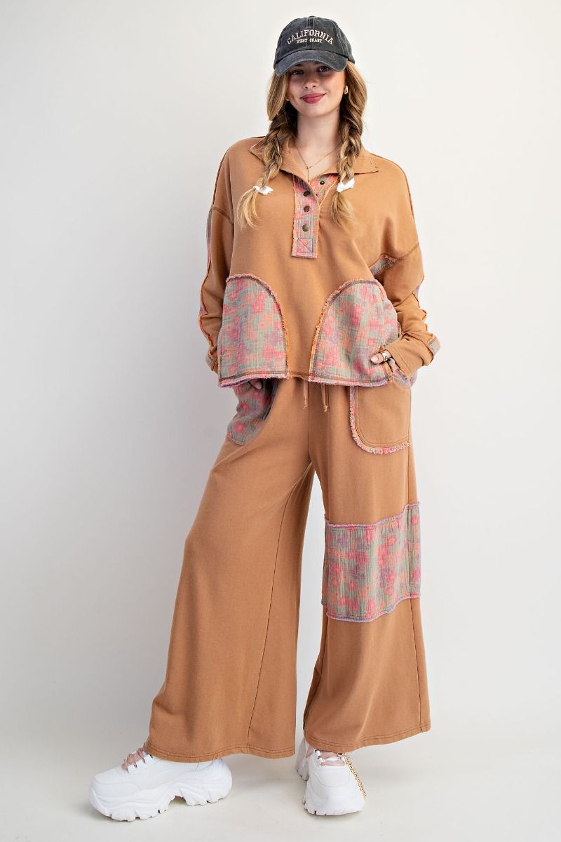 EASEL FLORAL PRINT MOCK NECK WASHED TERRY SET