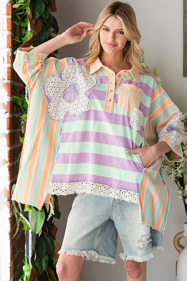 Oli and Hali flower patchwork top Mint/Orange