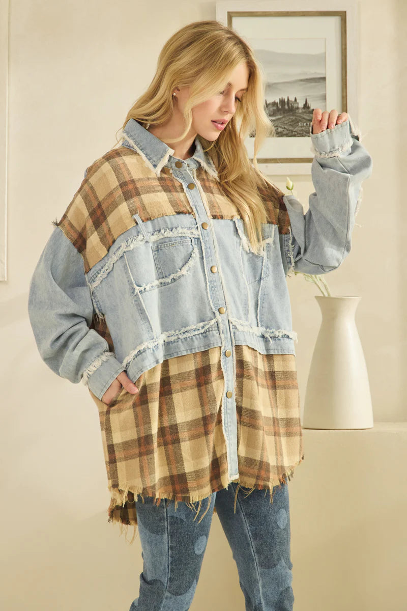 Oli and Hali washed fabric mix plaid button down jacket