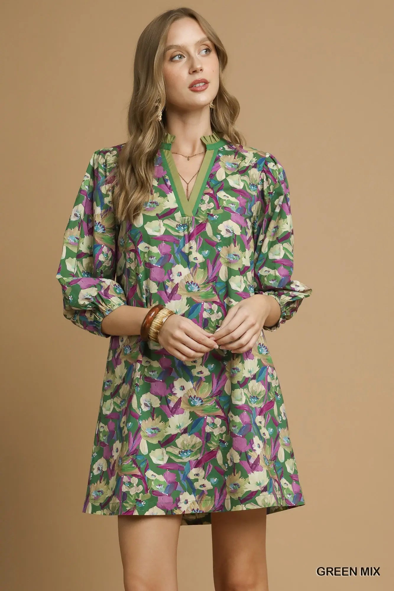 Umgee Boho Floral V-Neck Balloon Sleeve Dress green mix