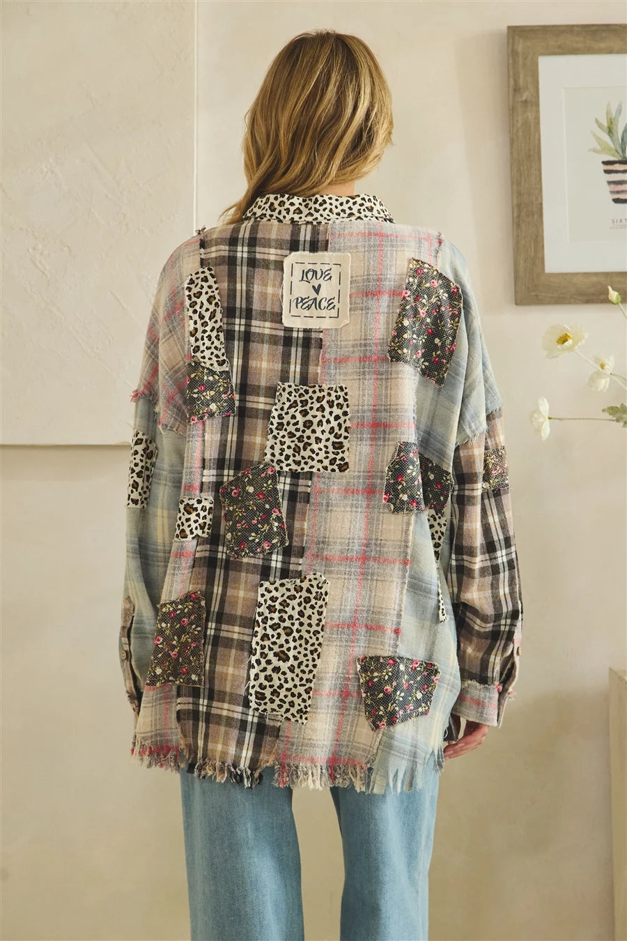 OLI AND HALI WASHED LEOPARD FLORAL PATCH MIX BUTTON DOWN SHIRT
