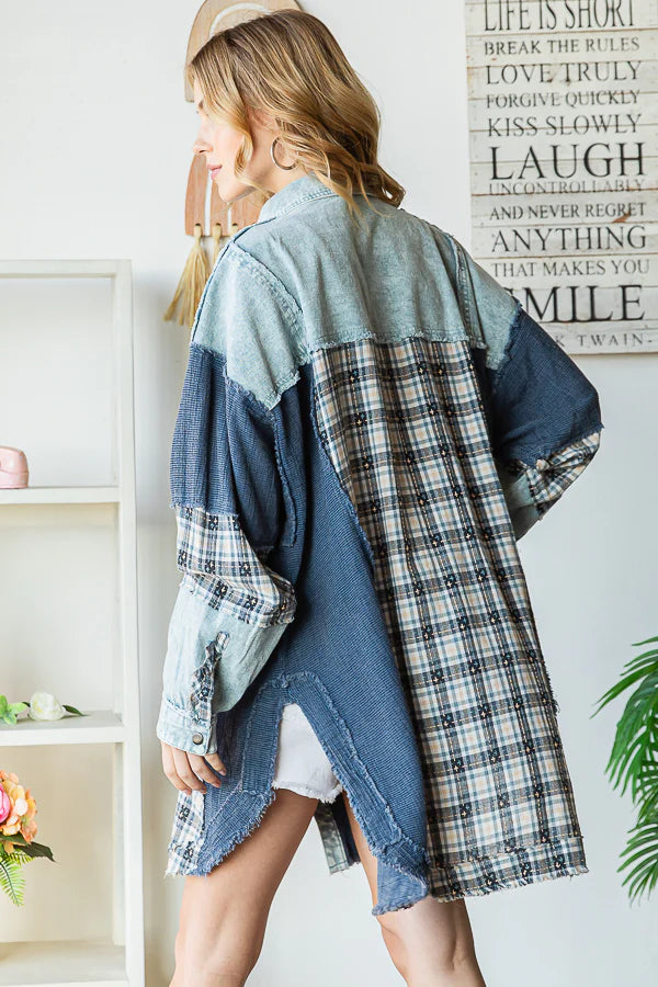 Oli and Hali WASHED MIX MEDIA PLAID DETAIL BUTTON DOWN SHACKET