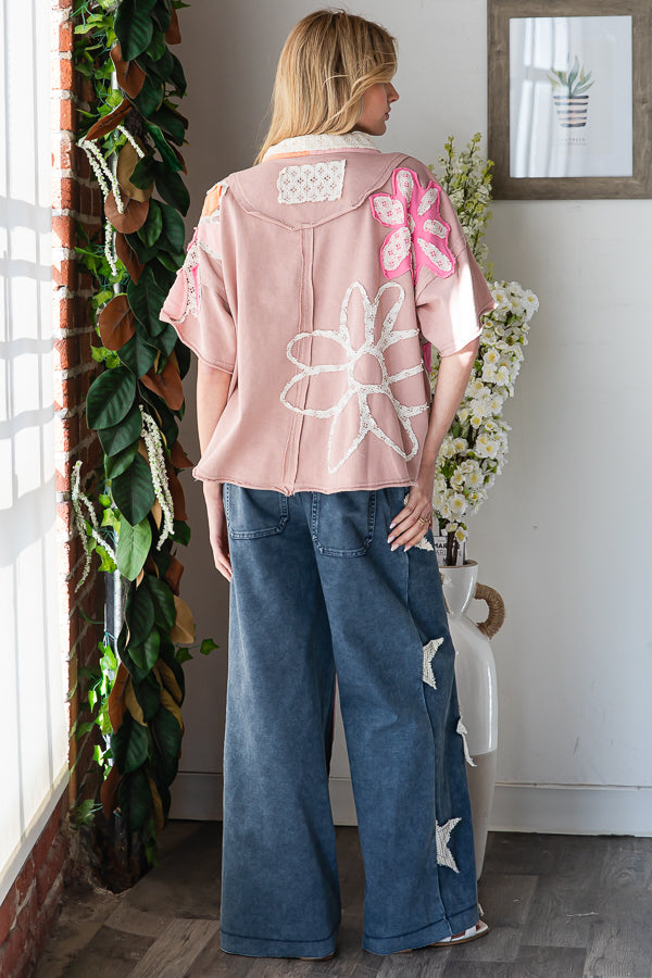 WASHED FLOWER PATCHWORK COLLARED TOP oli and Hali