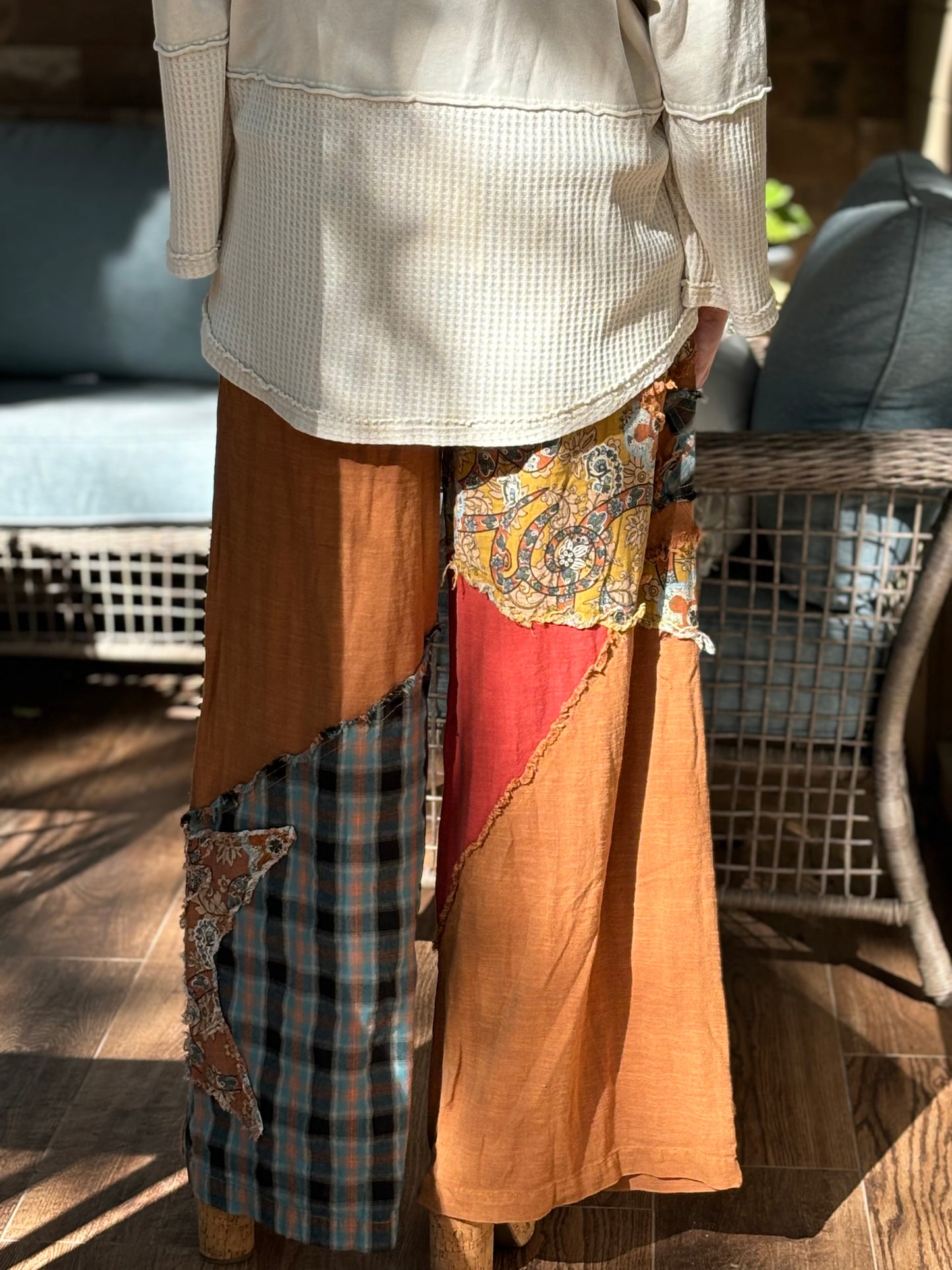 Blue velvet patchwork vintage pants