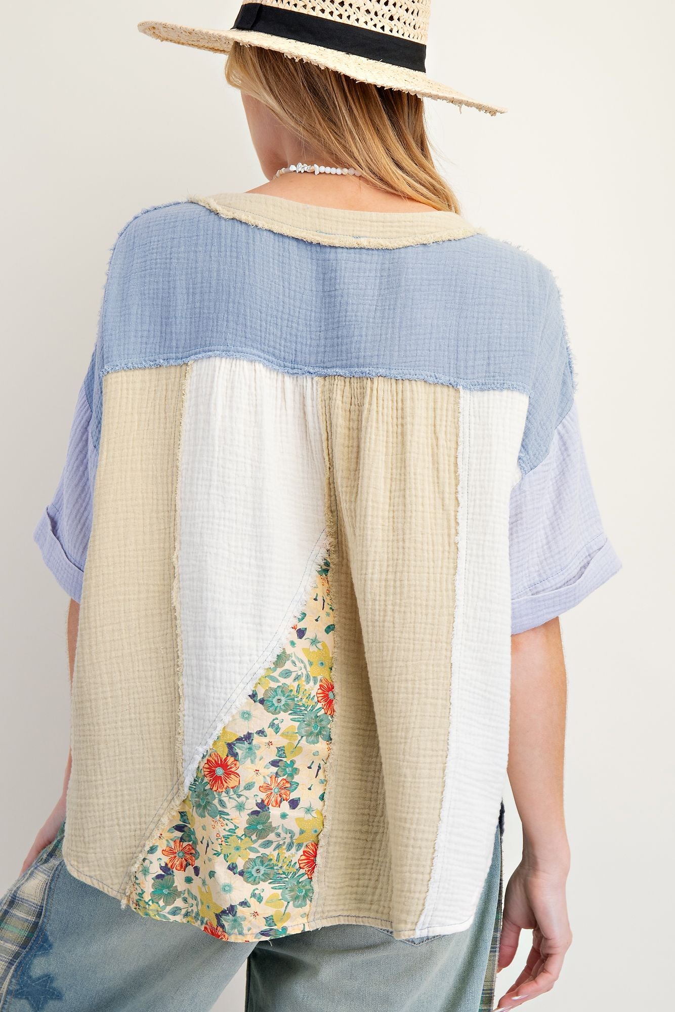 Easel patchwork cotton gauze top dusty blue