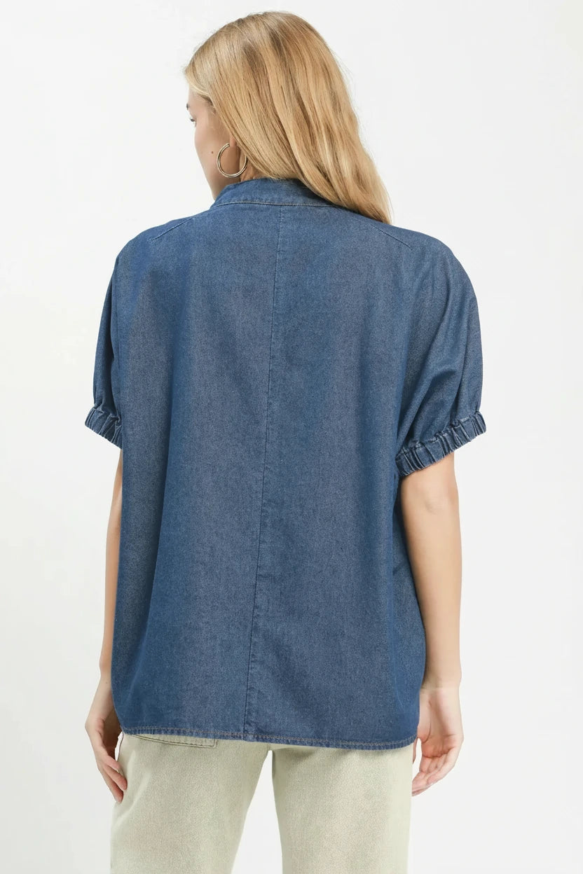 Umgee denim chambray embroidered top