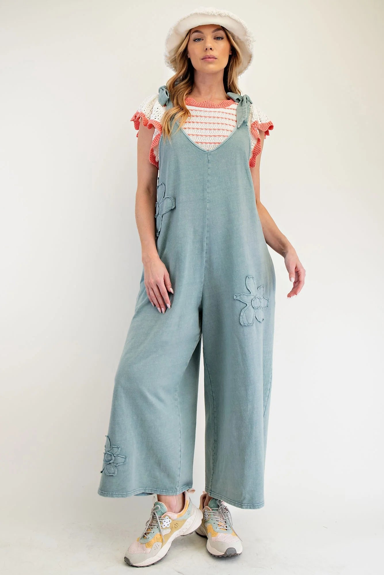 Easel Mineral Washed Terry Knit Flower Patch Jumpsuit