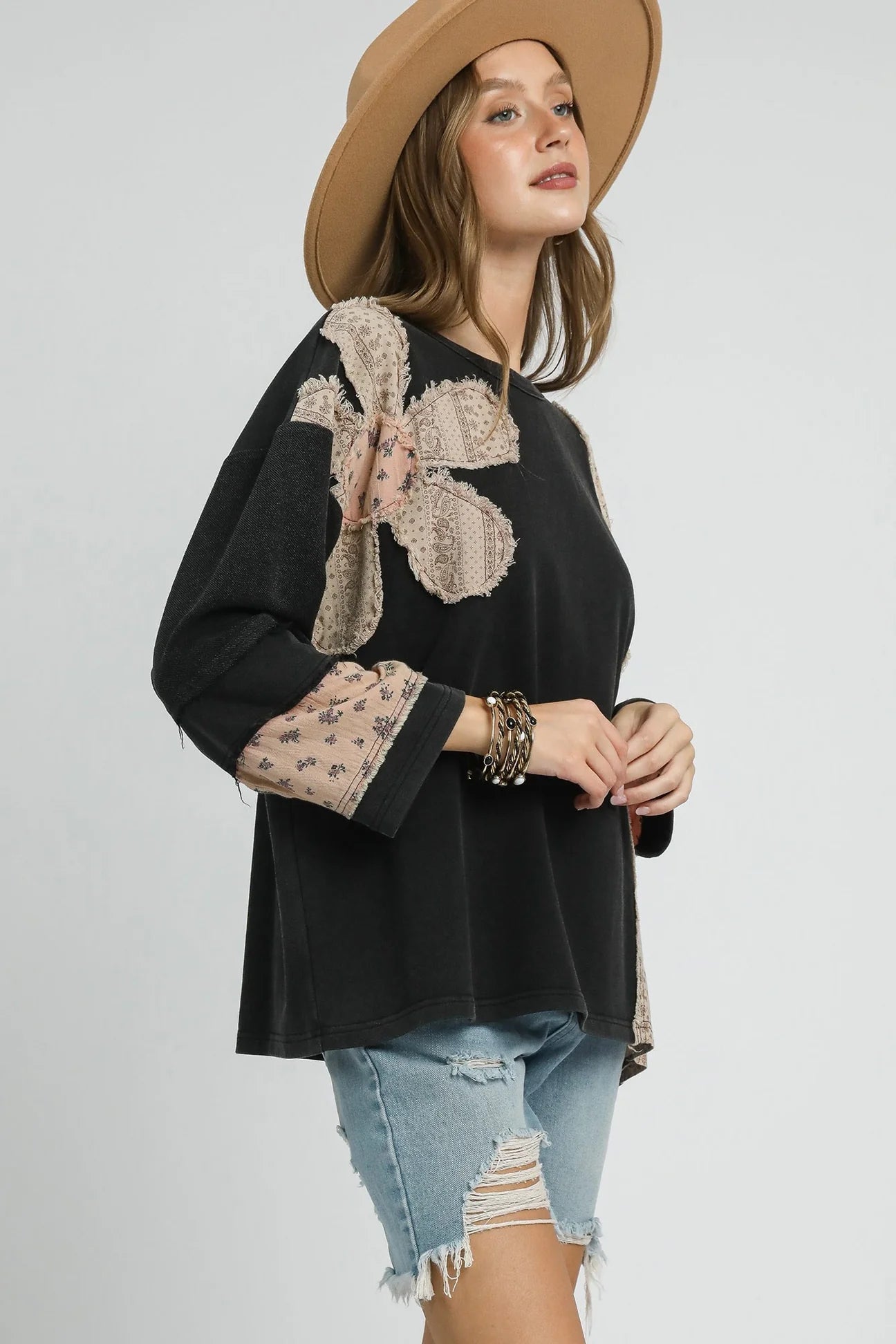 Umgee terry knit patch sweatshirt tops