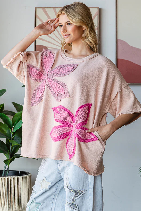 Oli and Hali blush washed flower patch terry top
