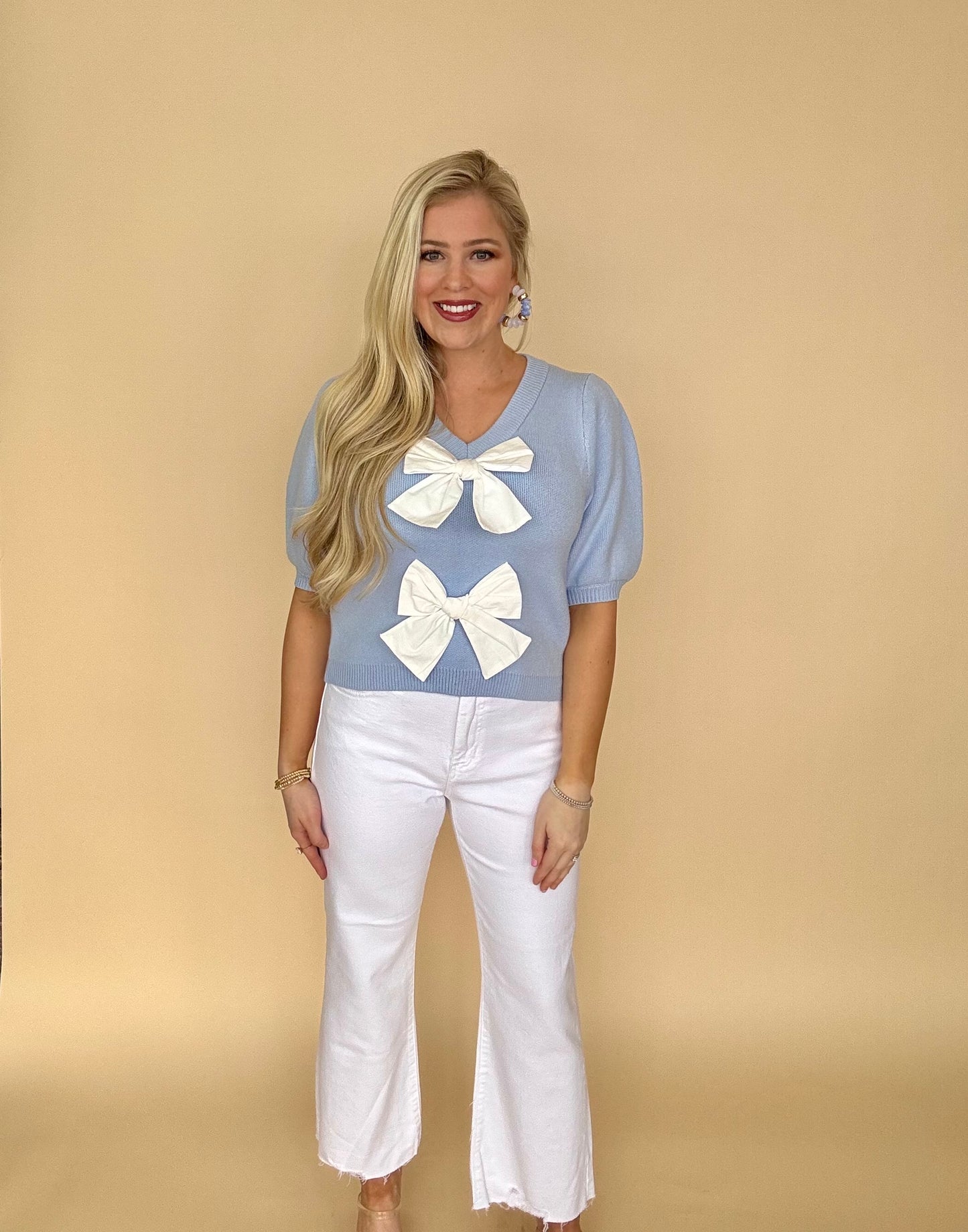 She + Sky baby blue bow sweater top
