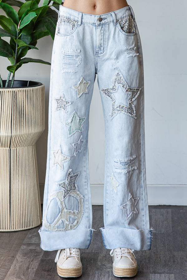 Oli and Hali peace + stars patchwork cuff jeans