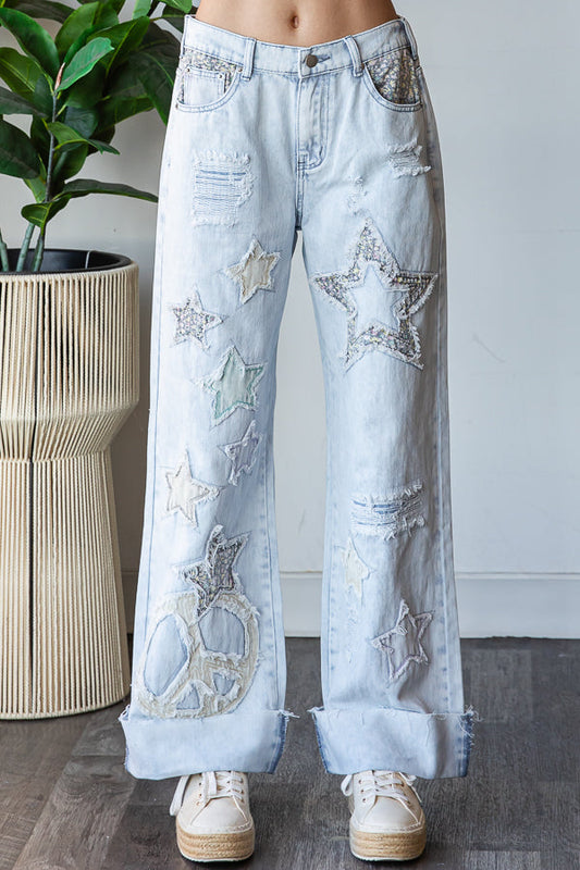 Oli and Hali peace + stars patchwork cuff jeans