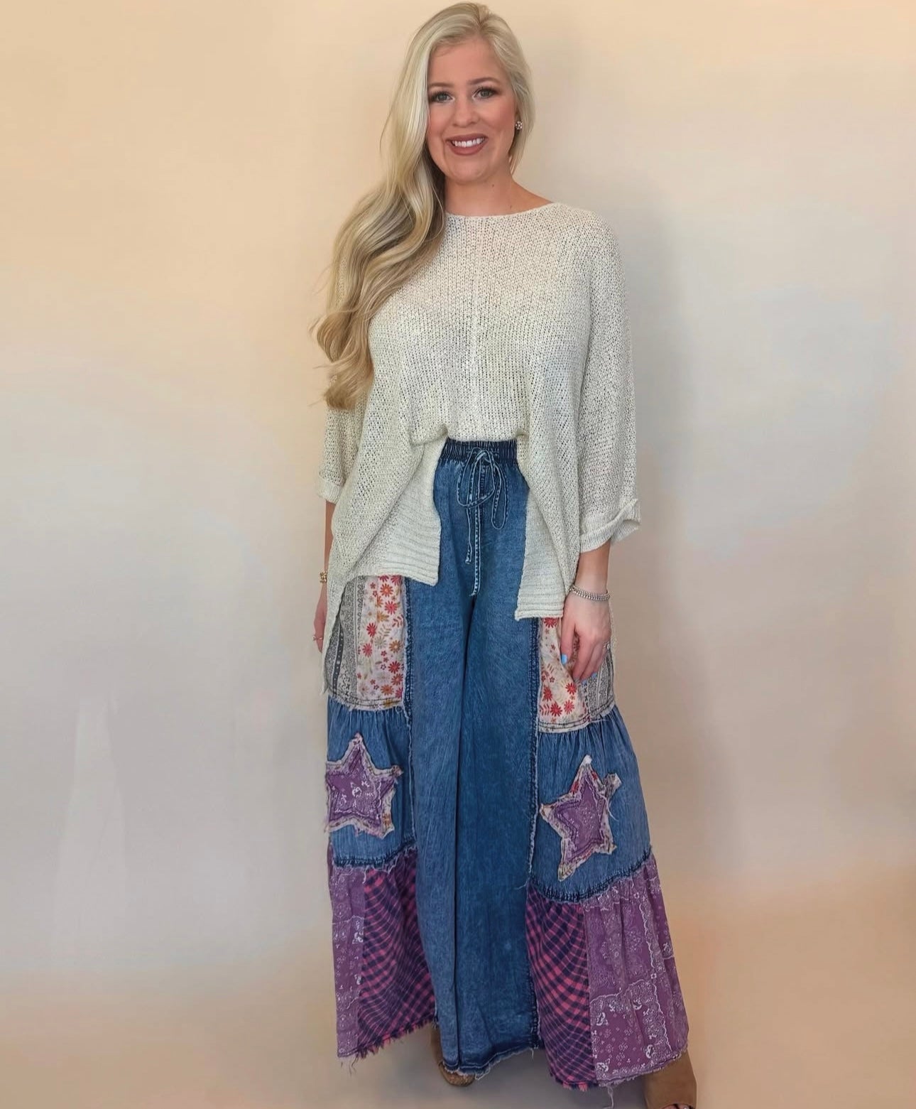 Blue velvet patchwork drawstring wide leg jeans