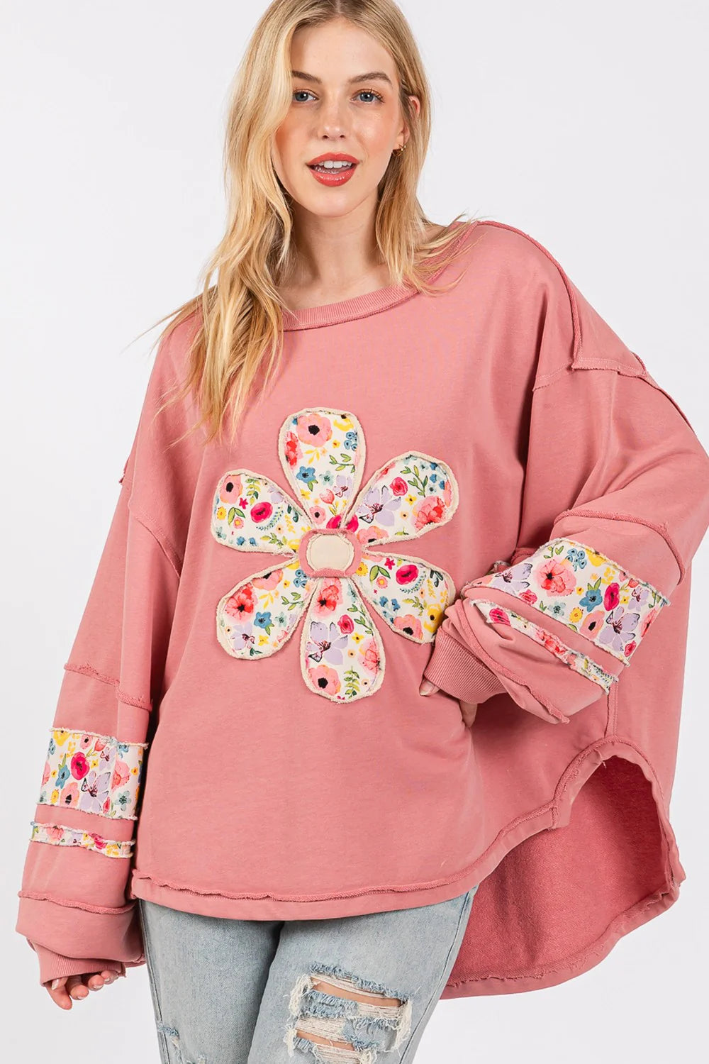 Sage and fig daisy appliqué sweatshirt