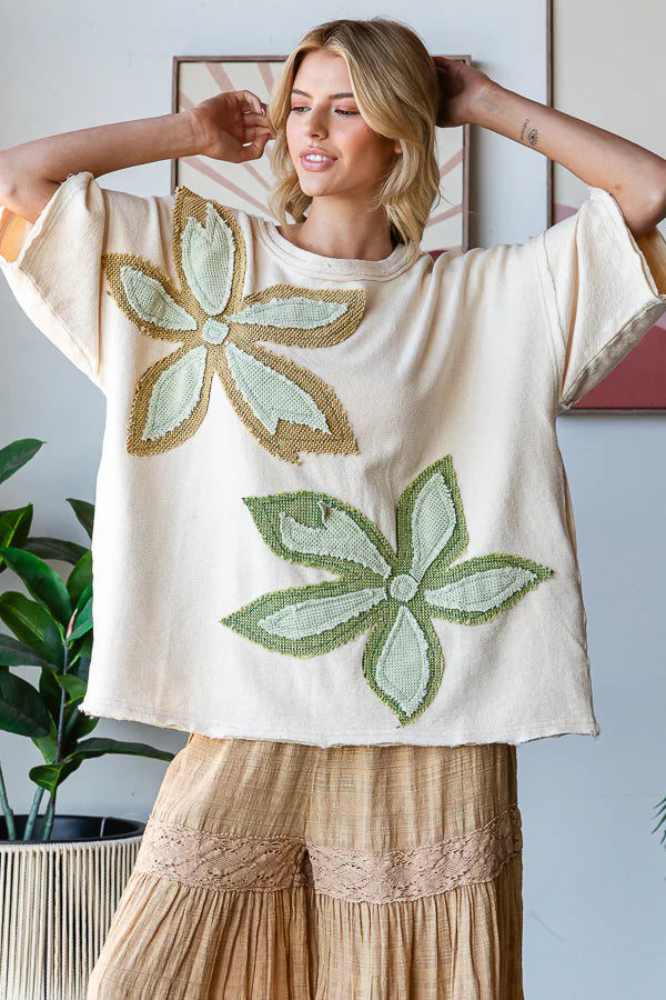 Oli and Hali Sage washed flower patch terry top