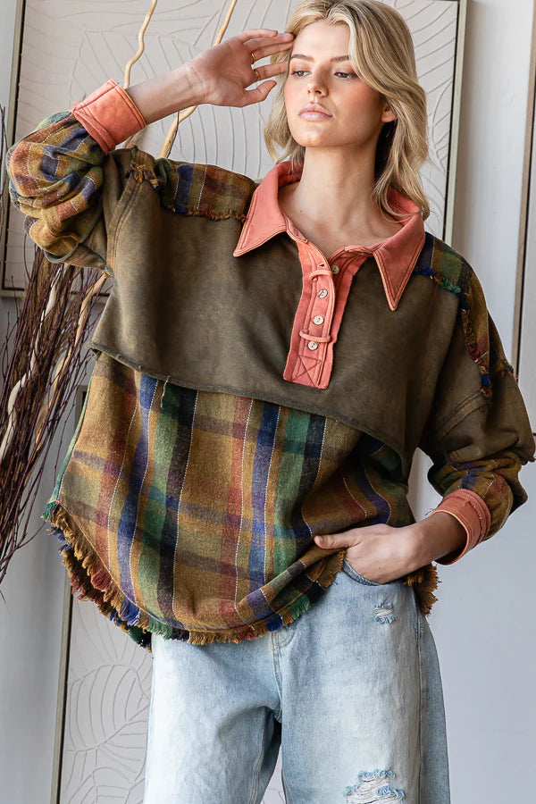 Oli and Hali plaid half button down pullover