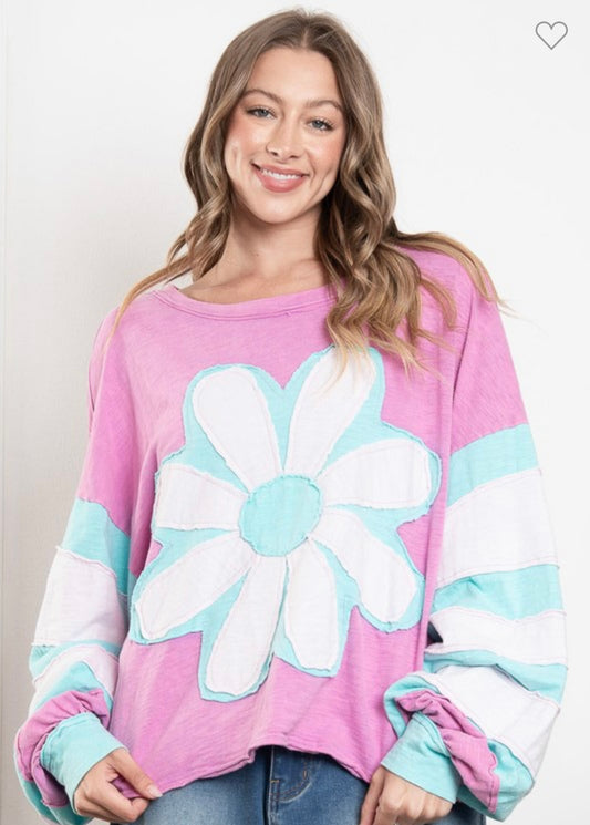 Blue velvet pink & mint daisy top