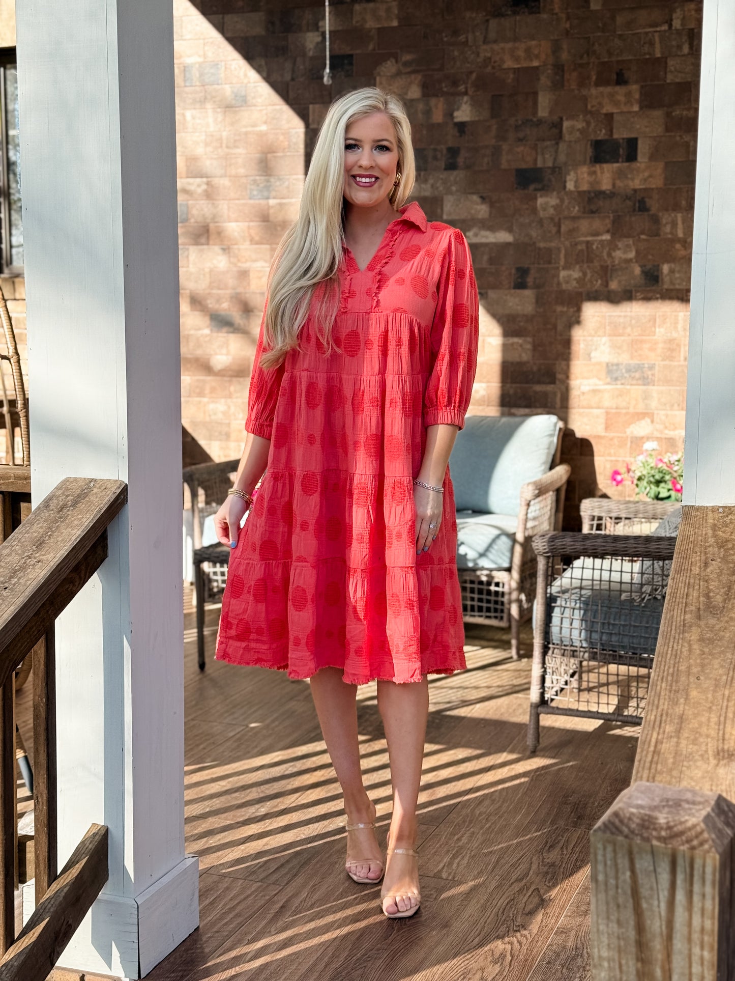 Umgee coral dot textured midi dress