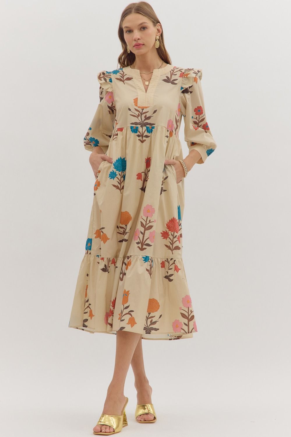 Flower Print Midi Ruffle Dress Ecru / Large