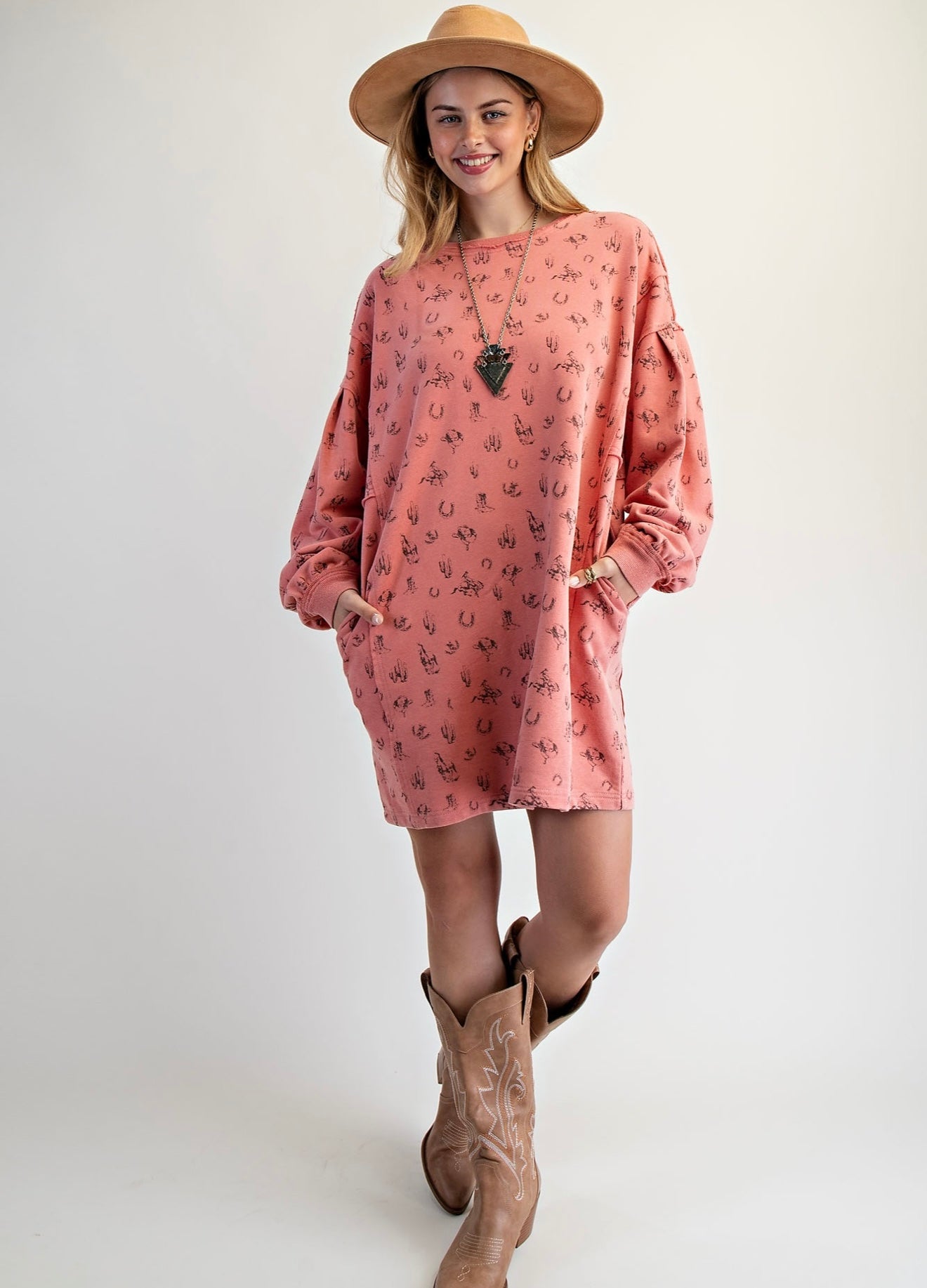 Easel western twill knit sweatshirt dress coral
