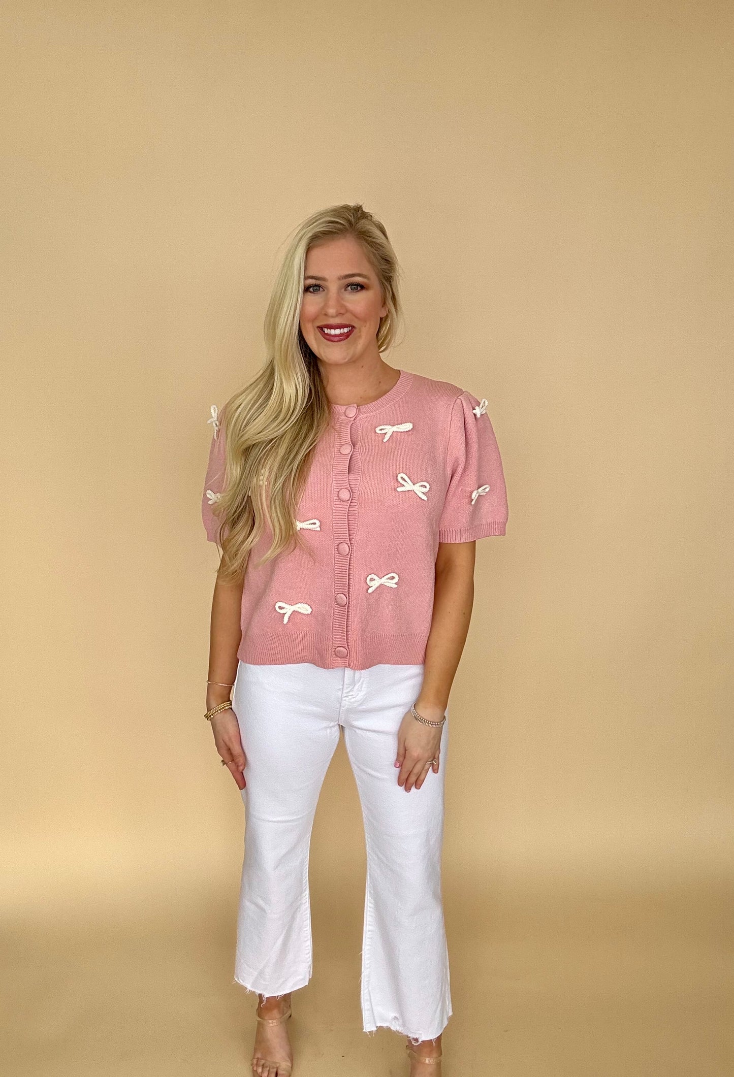 She + Sky Puff sleeve bow cardigan top