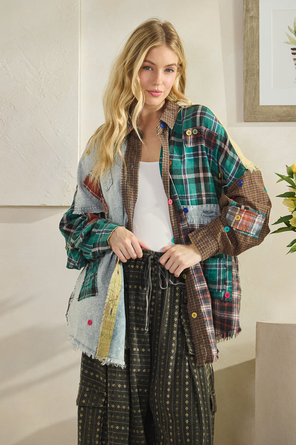 Oli and Hali mixed patchwork button down teal