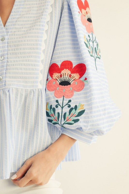 Jodifl powder blue pinstripe top