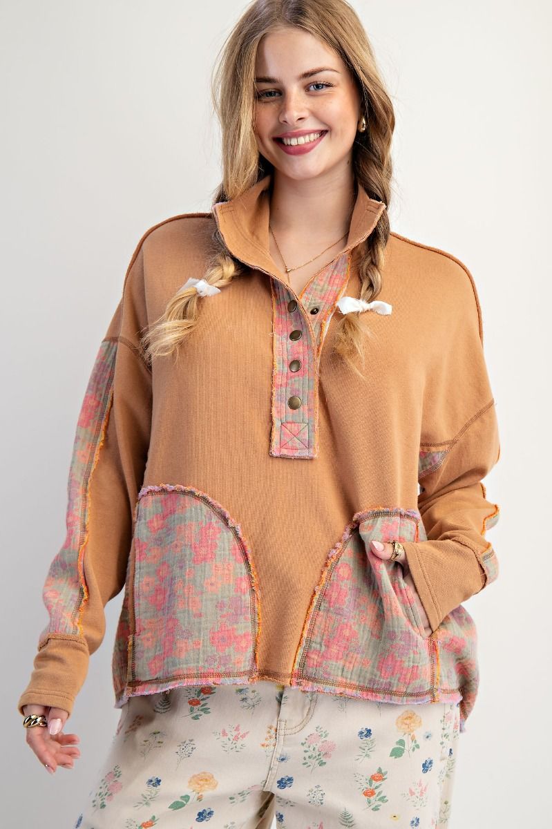 EASEL FLORAL PRINT MOCK NECK WASHED TERRY SET