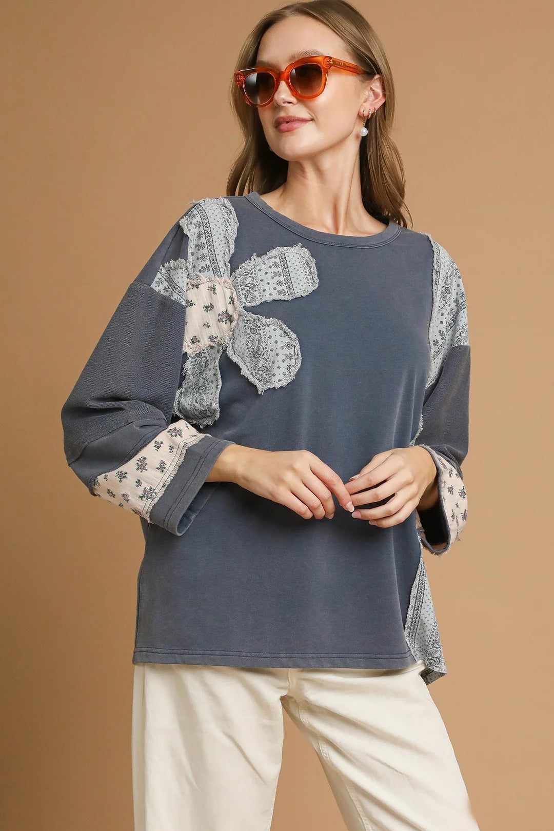Umgee terry knit patch sweatshirt tops