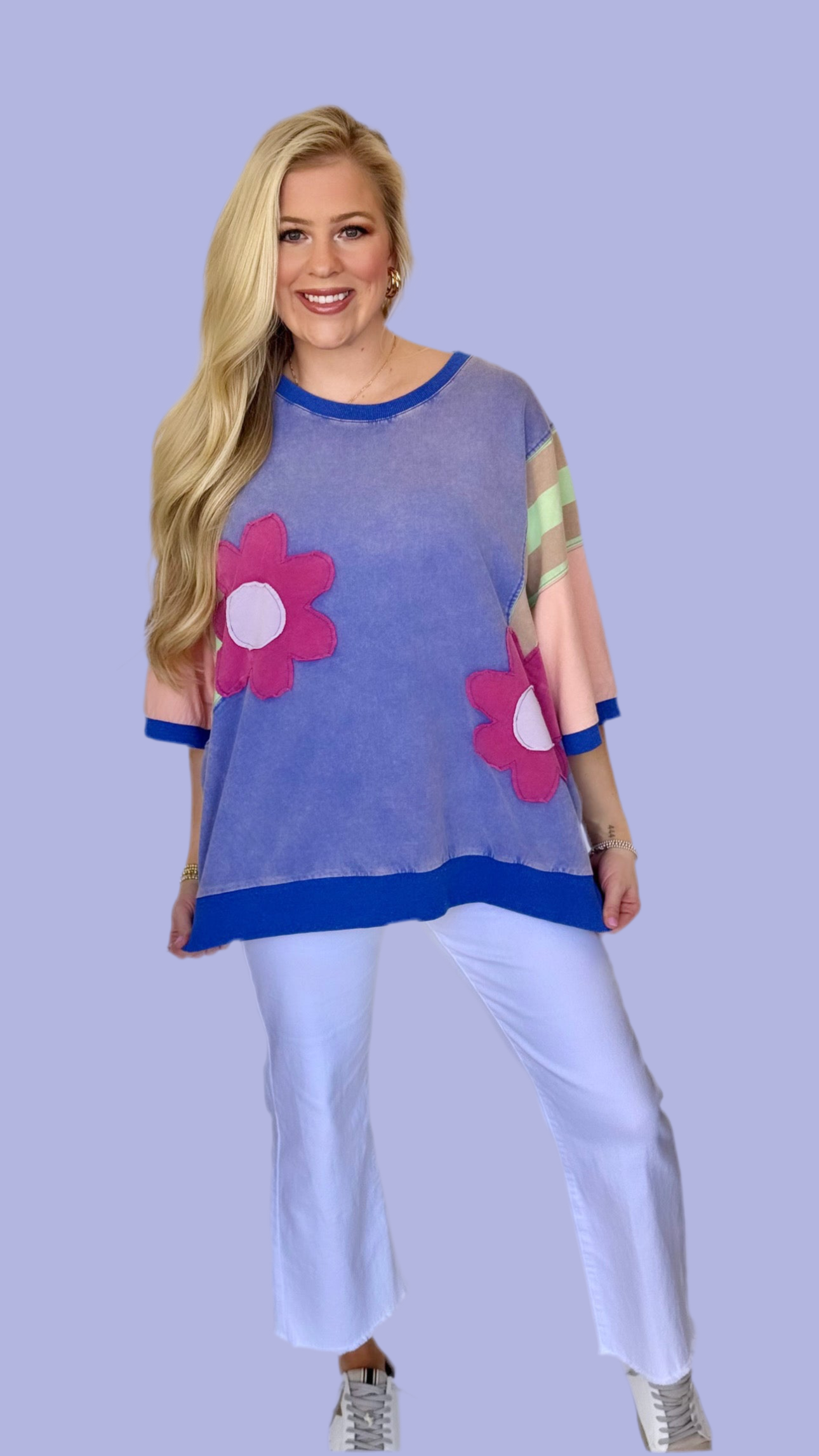 Easel knit color block top with flower patches