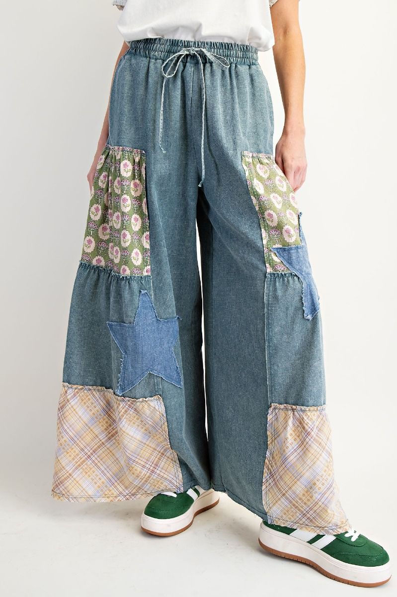Easel washed denim patch star pants
