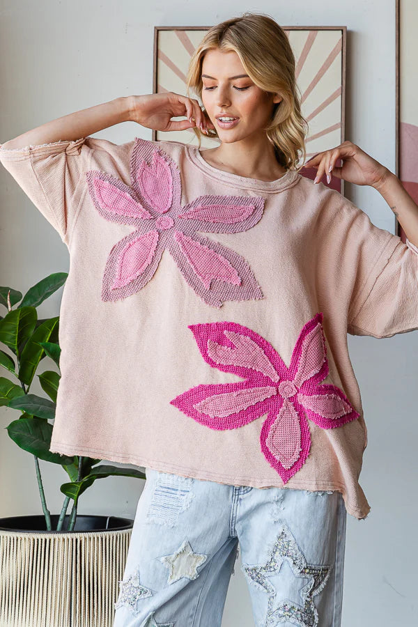 Oli and Hali blush washed flower patch terry top