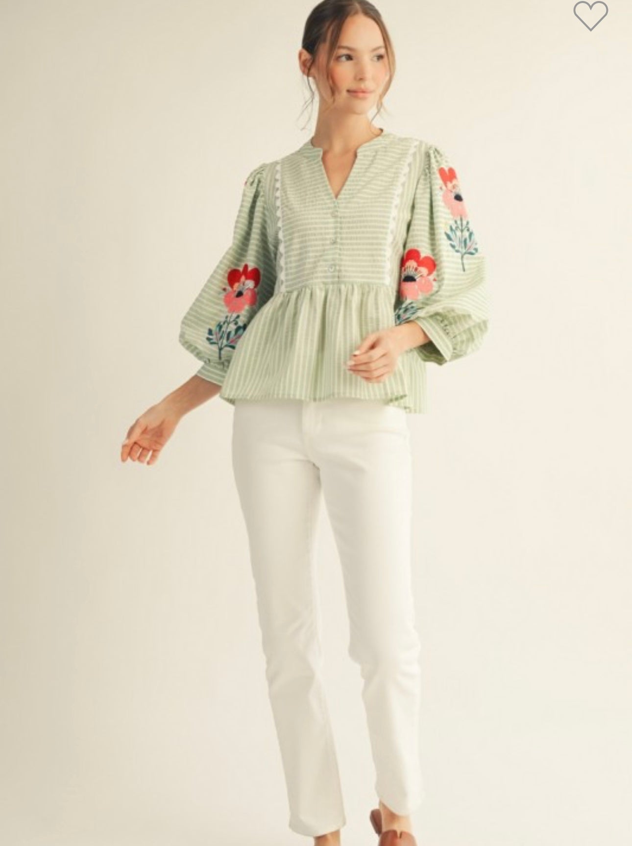 Jodifl sage pinstripe embroidered top