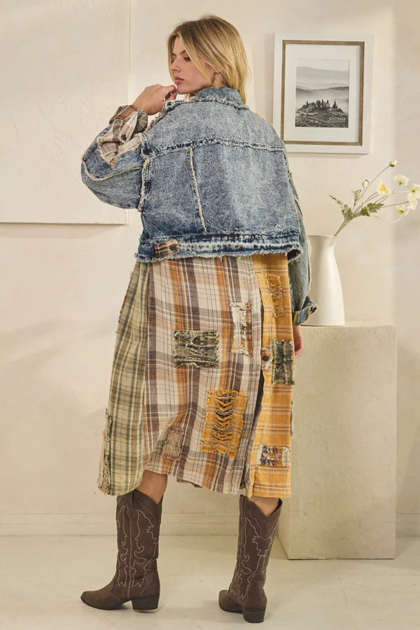Oli and HaliWASHED DENIM PLAID MIXED LONG SLEEVE JACKET