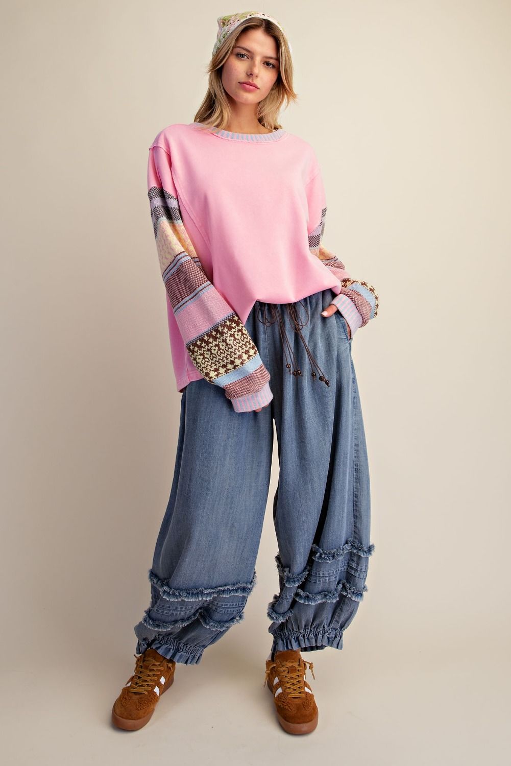 EASEL MULTI THREAD KNITTED SLVS WASHED TERRY PULLOVER