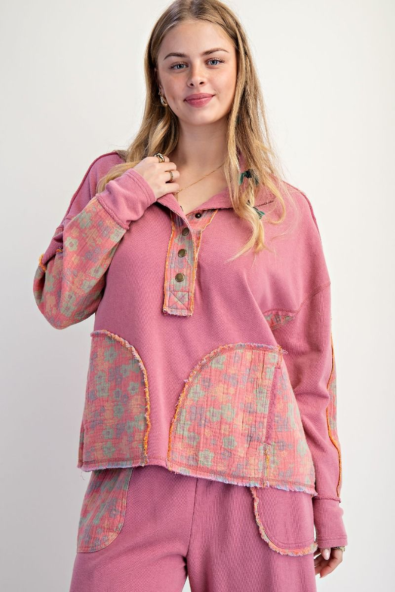 EASEL FLORAL PRINT MOCK NECK WASHED TERRY SET