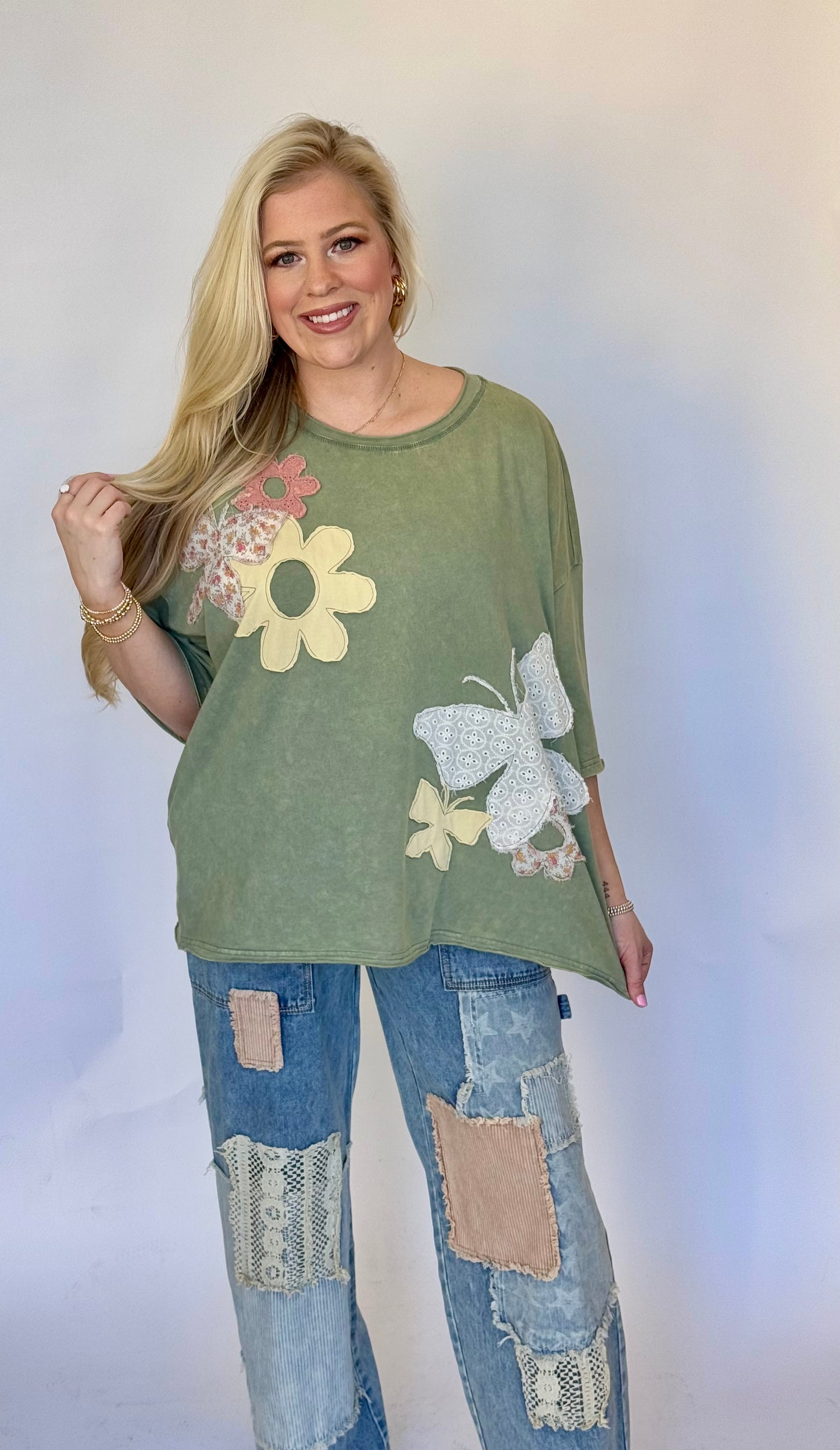 Oli and Hali white tee with patchwork detailing