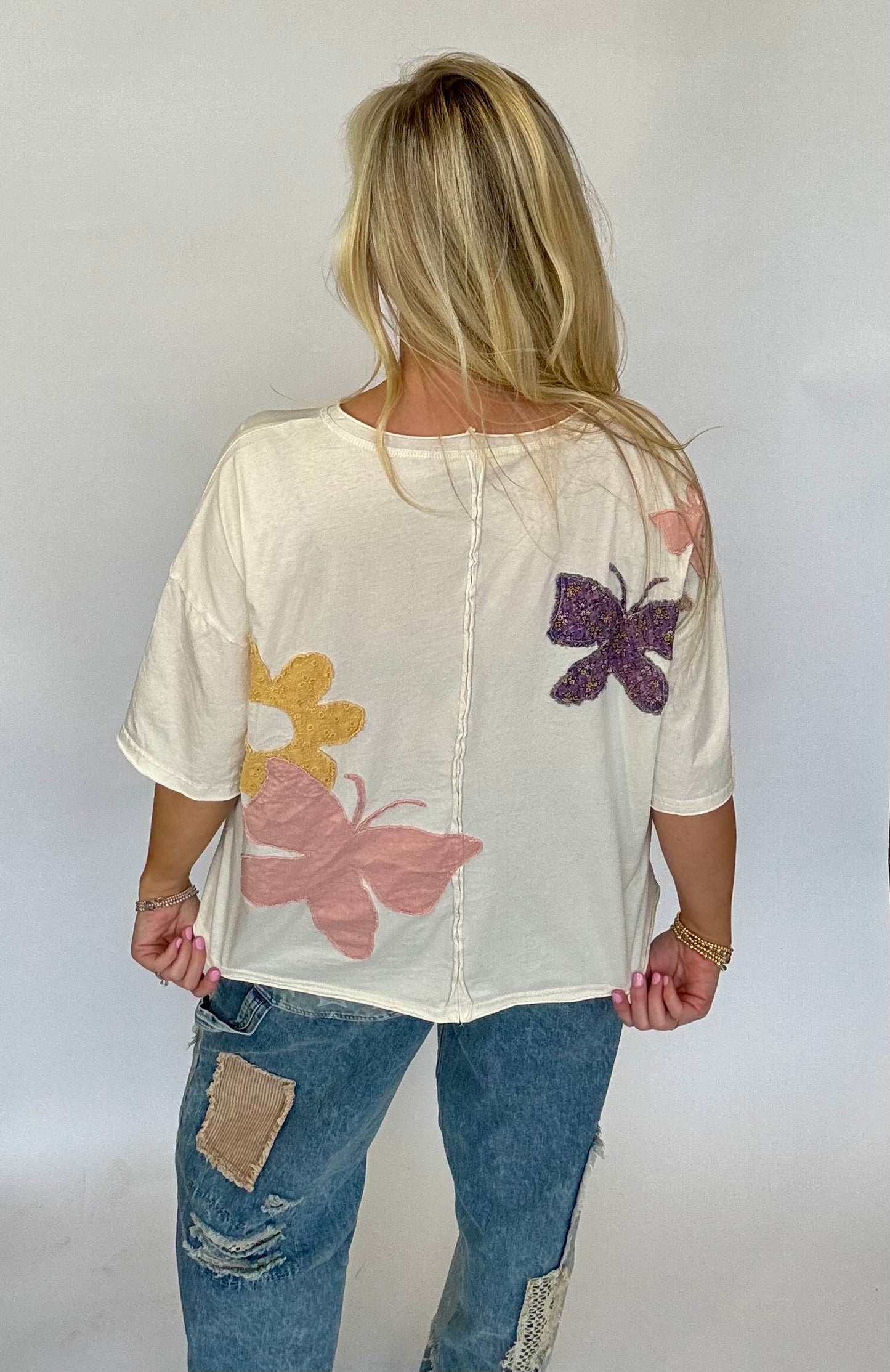 Oli and Hali white tee with patchwork detailing