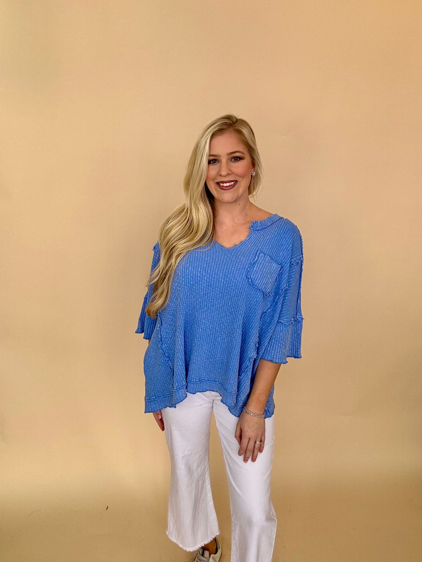 Easel periwinkle blue ribbed knit top